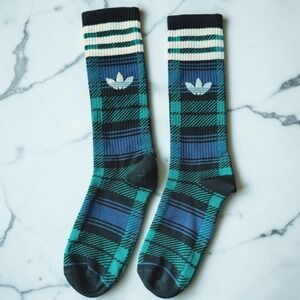New Adidas Medium Blue Teal Tartan Plaid Trefoil Crew Socks Ravenclaw Slytherin
